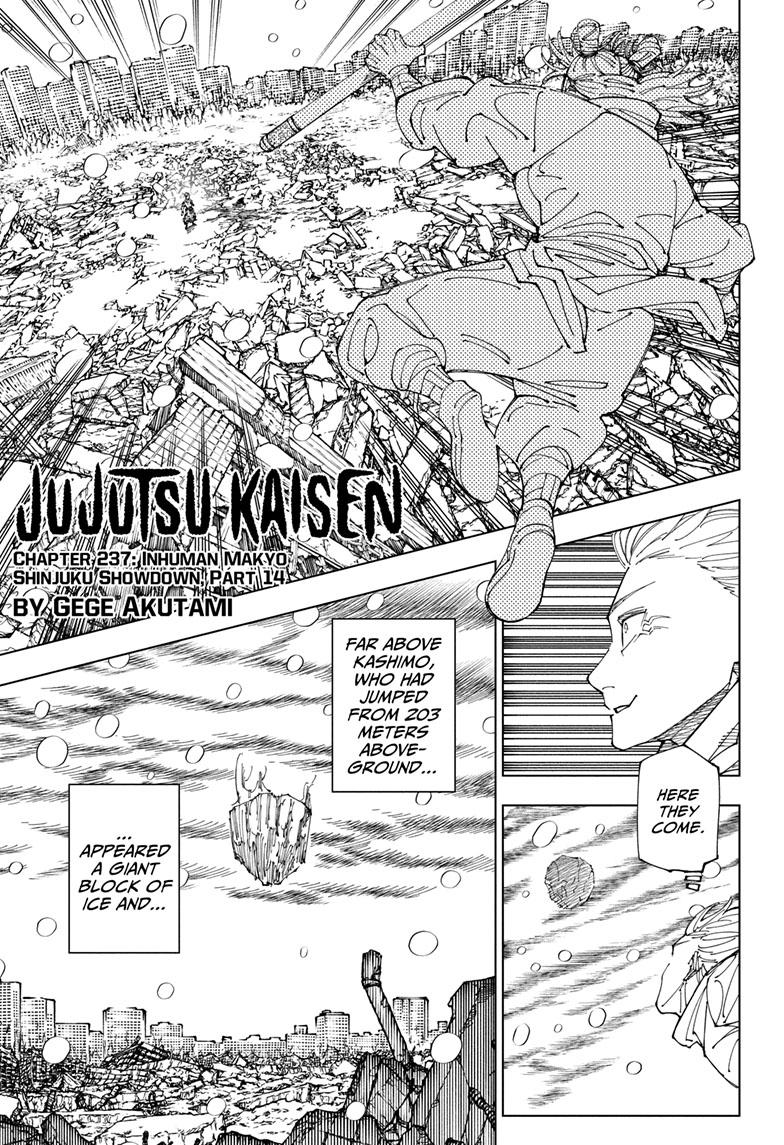 Jujutsu Kaisen Manga Chapter 237 page 1 - Inhuman Makyo Shinjuku Showdown, Part 14 scene